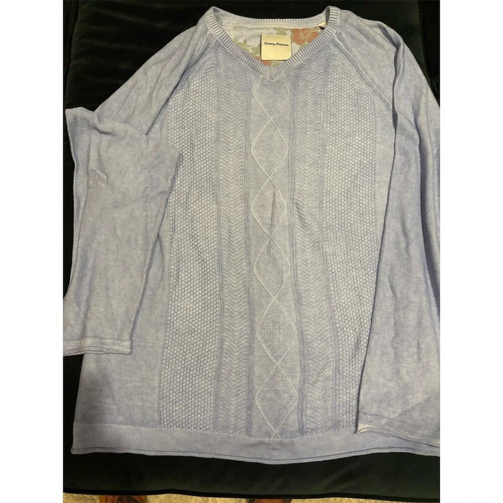 Tommy Bahama Sweater Mens XL Light Blue V-Neck Cable Knit Pullover